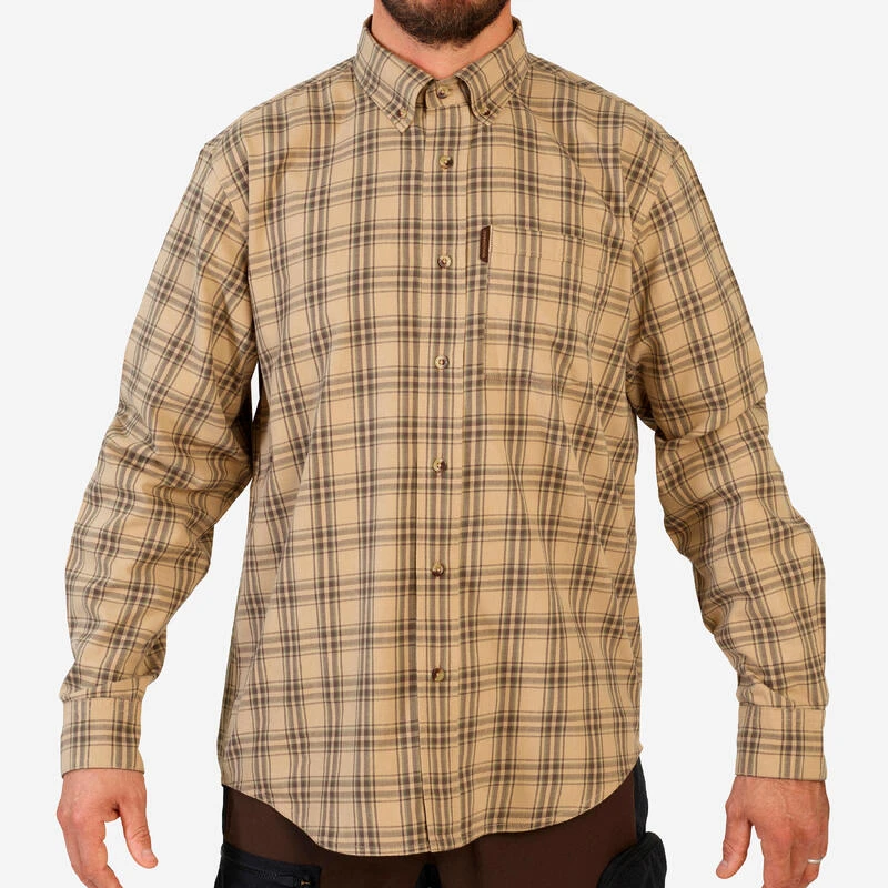 Chemise Chasse Coton Manches Longues Respirant Homme - 100 à Carreaux Beige. 4 Chemise Chasse Coton Manches Longues Respirant Homme - 100 à Carreaux Beige. – Image 2