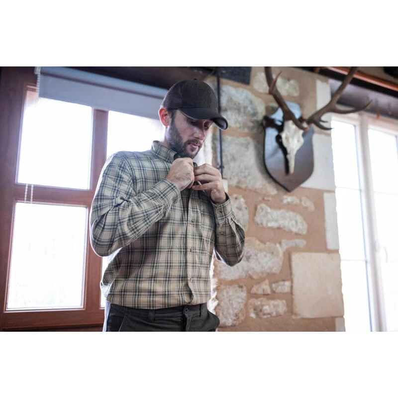 Chemise Chasse Coton Manches Longues Respirant Homme - 100 à Carreaux Beige. 9 Chemise Chasse Coton Manches Longues Respirant Homme - 100 à Carreaux Beige. – Image 7